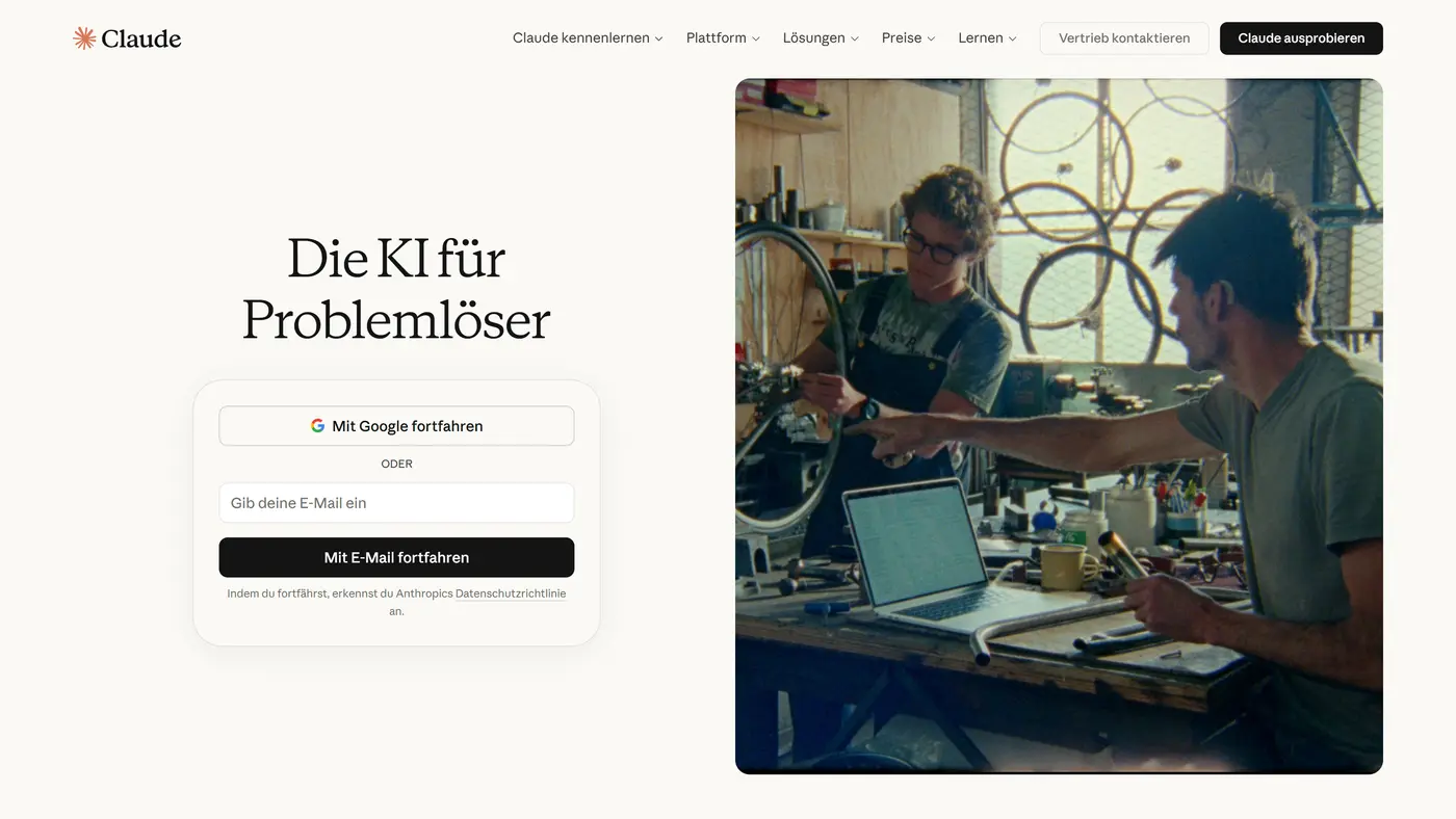Startseite von Claude mit Eingabefeld und Übersicht der Kernfunktionen