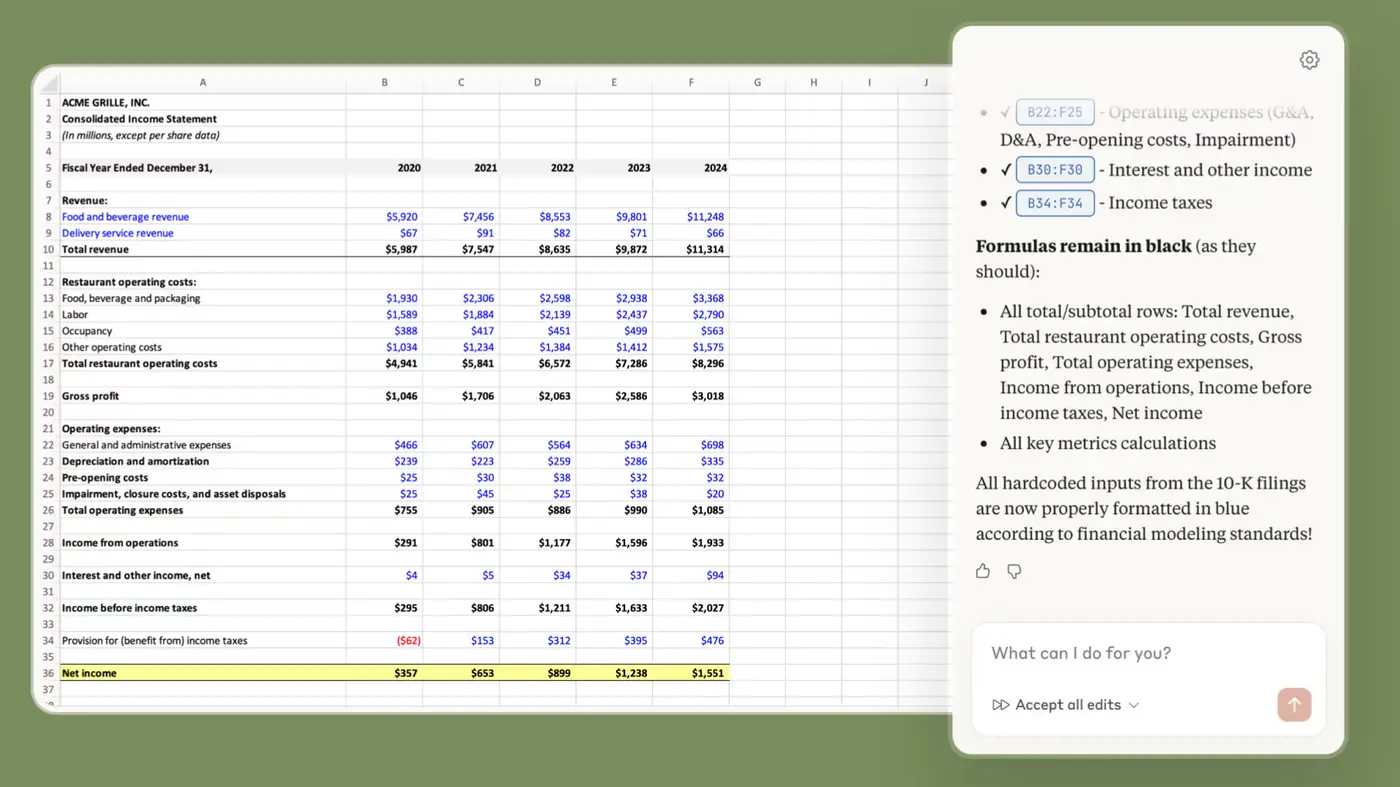 Claude wertet in Excel eine Tabelle aus und ergänzt Formeln