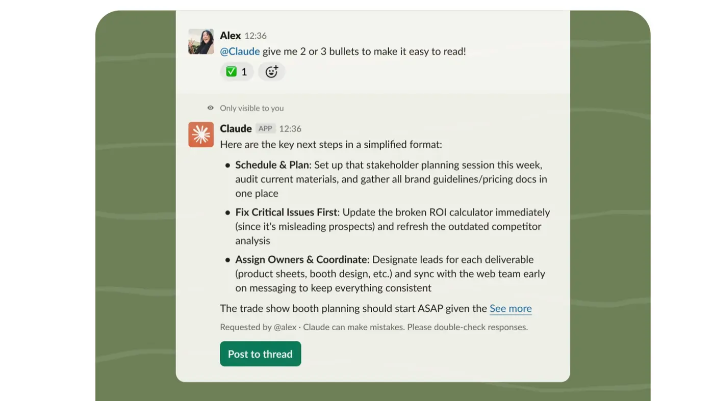 Claude beantwortet in Slack eine Frage und fasst einen Thread zusammen
