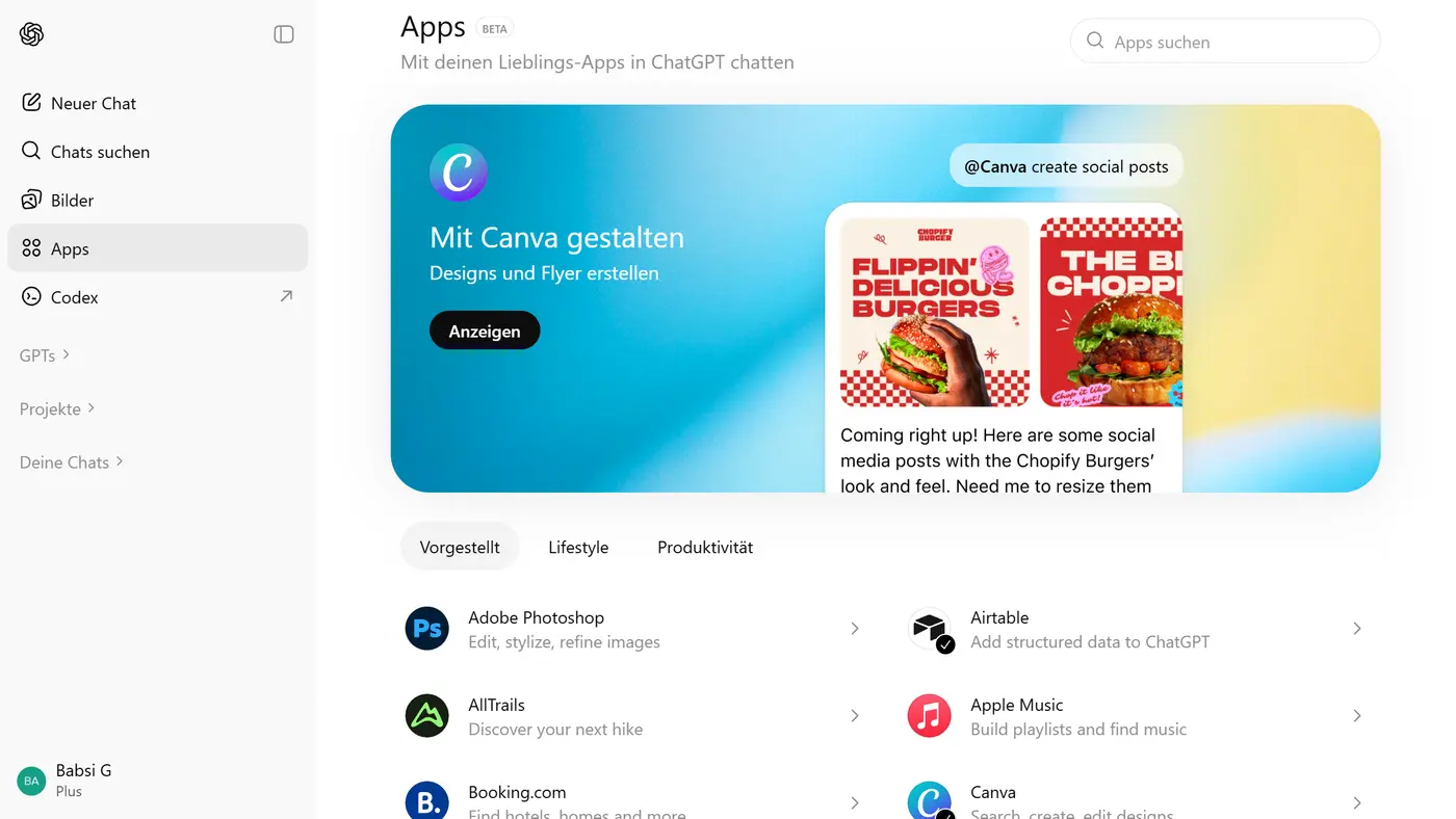 In die Chat-Oberfläche von ChatGPT eingebundene externe Programme