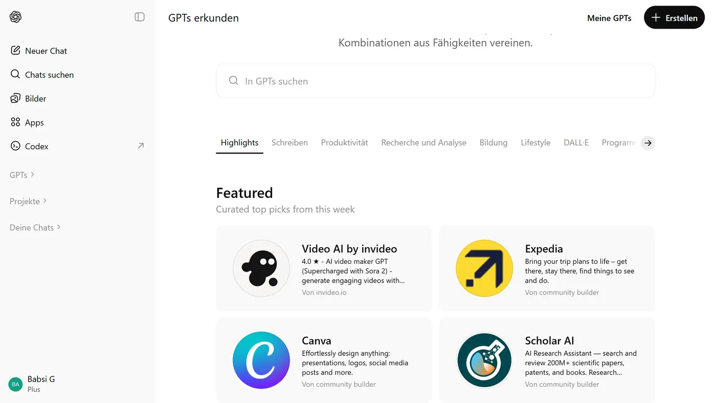 Übersicht vorgefertigter GPTs im GPT-Verzeichnis von ChatGPT