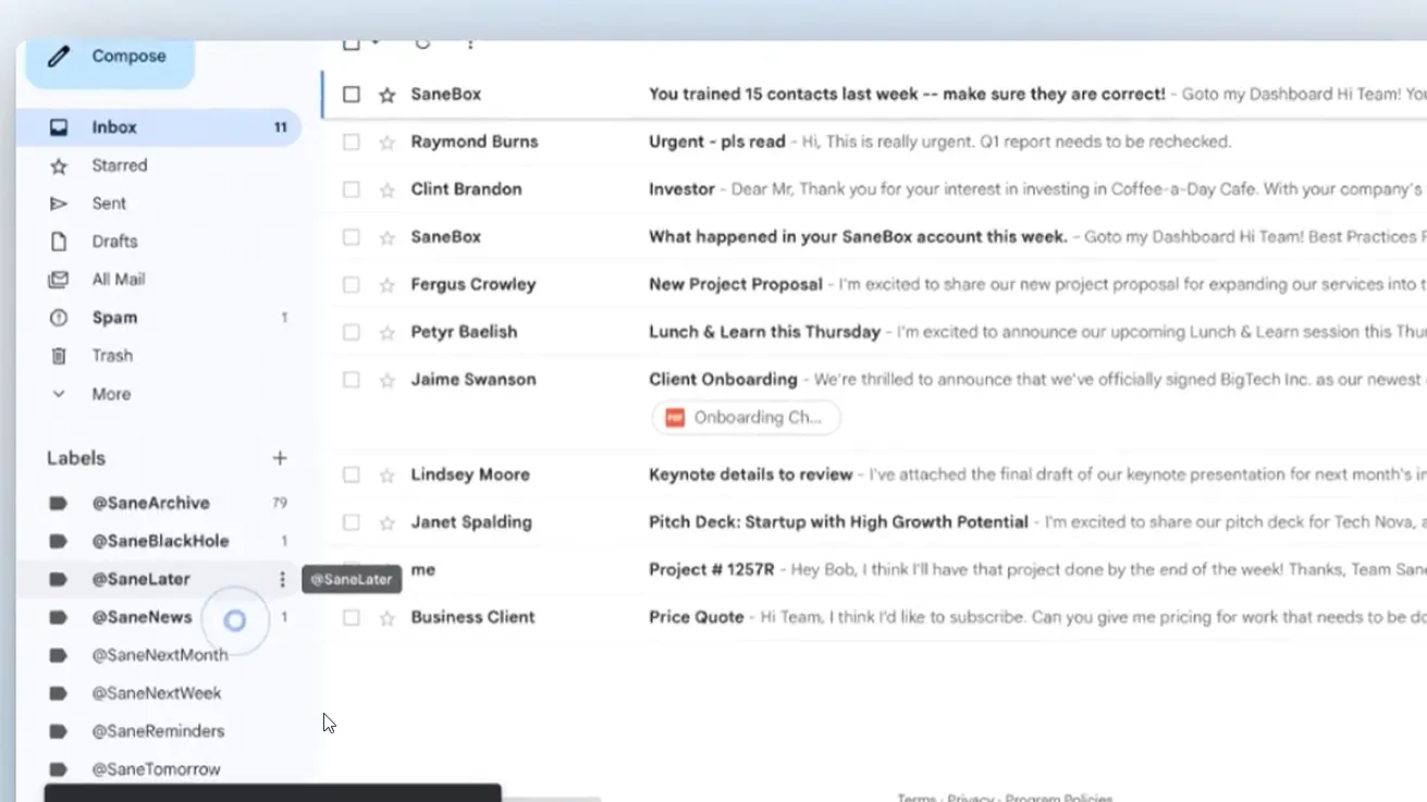 Gmail-Posteingang mit den SaneBox-Ordnern SaneLater, SaneNews und SaneBlackHole in der Seitenleiste