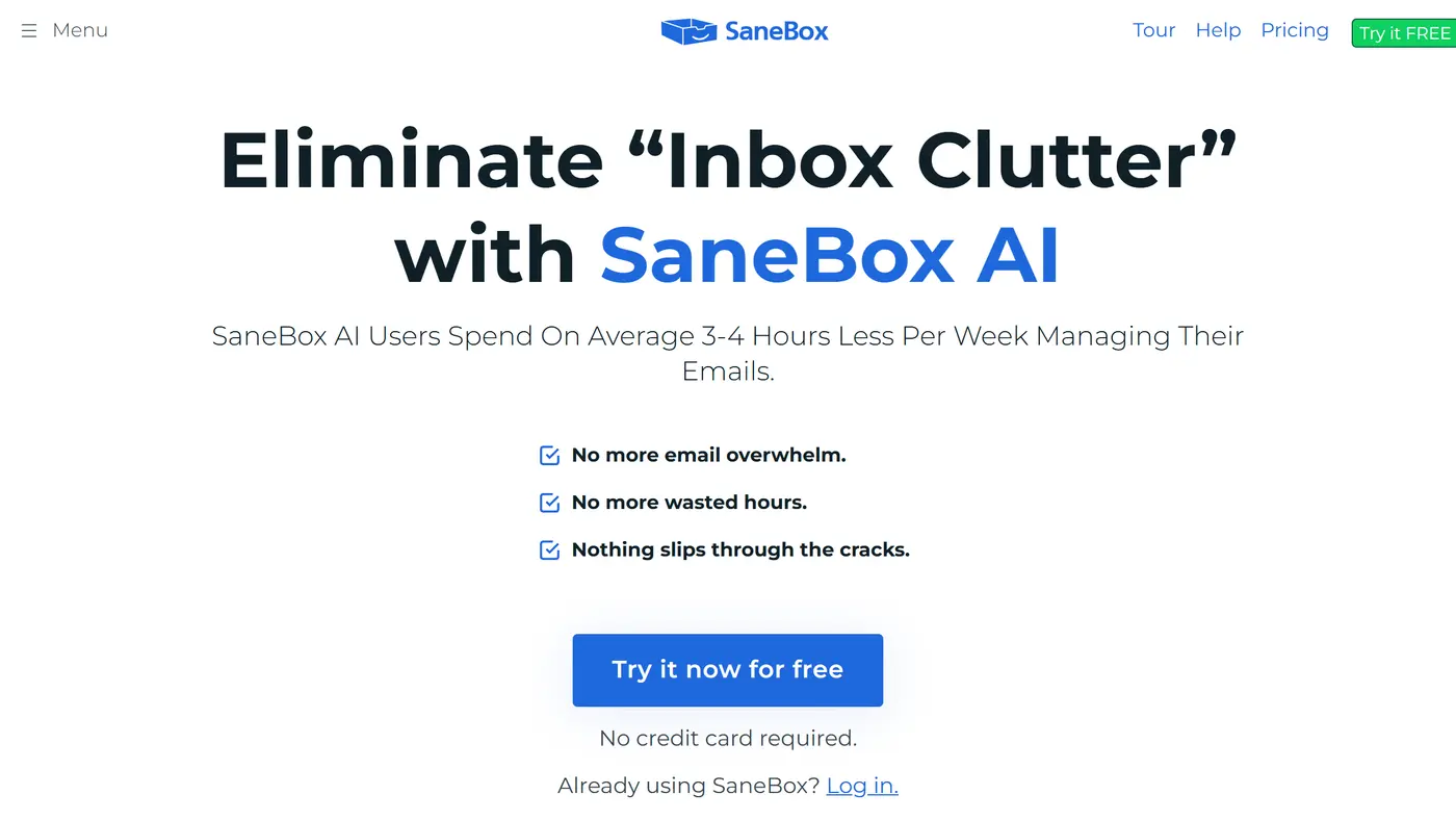 Startseite von SaneBox mit dem Versprechen, den Posteingang mit SaneBox AI aufzuräumen