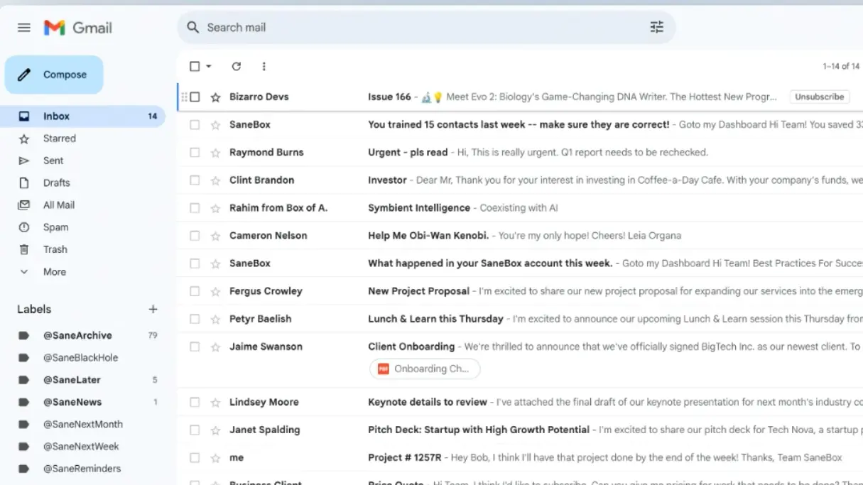 Gmail-Posteingang mit SaneBox, links die Wiedervorlage-Ordner SaneNextWeek und SaneNextMonth
