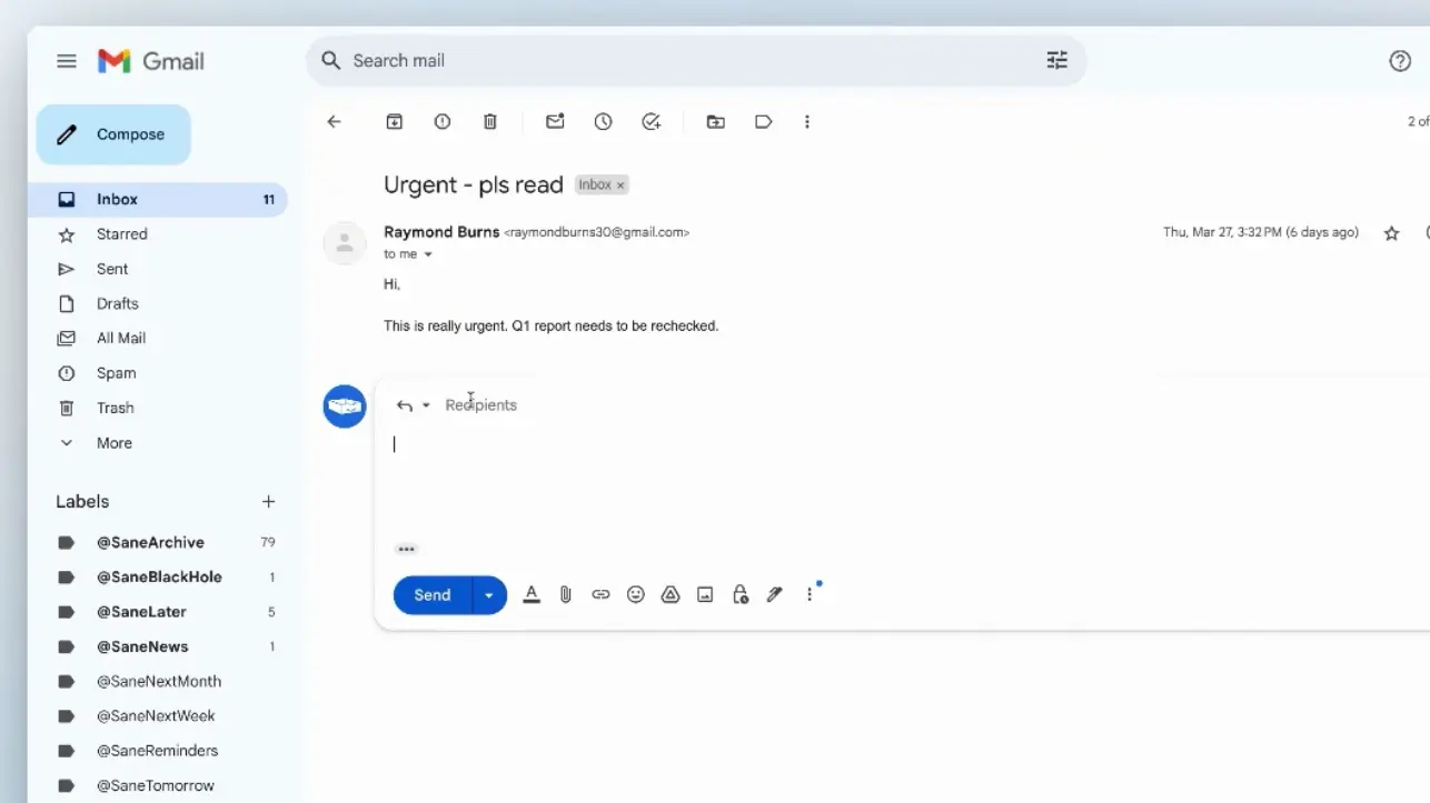 Geöffnete Mail in Gmail, in der Seitenleiste die SaneBox-Ordner für Wiedervorlage und Erinnerungen
