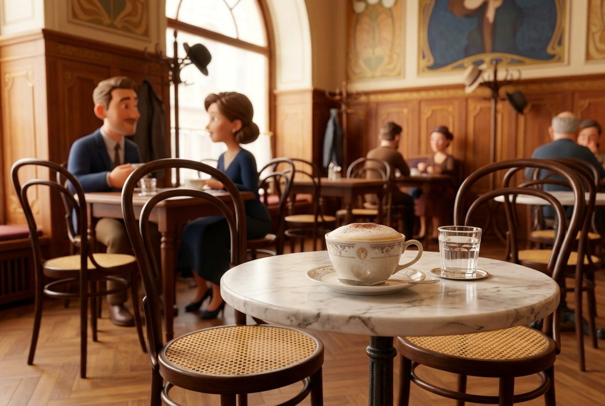 Bildstil 3D-Render: Tasse Melange im Wiener Kaffeehaus, mit KI erzeugt