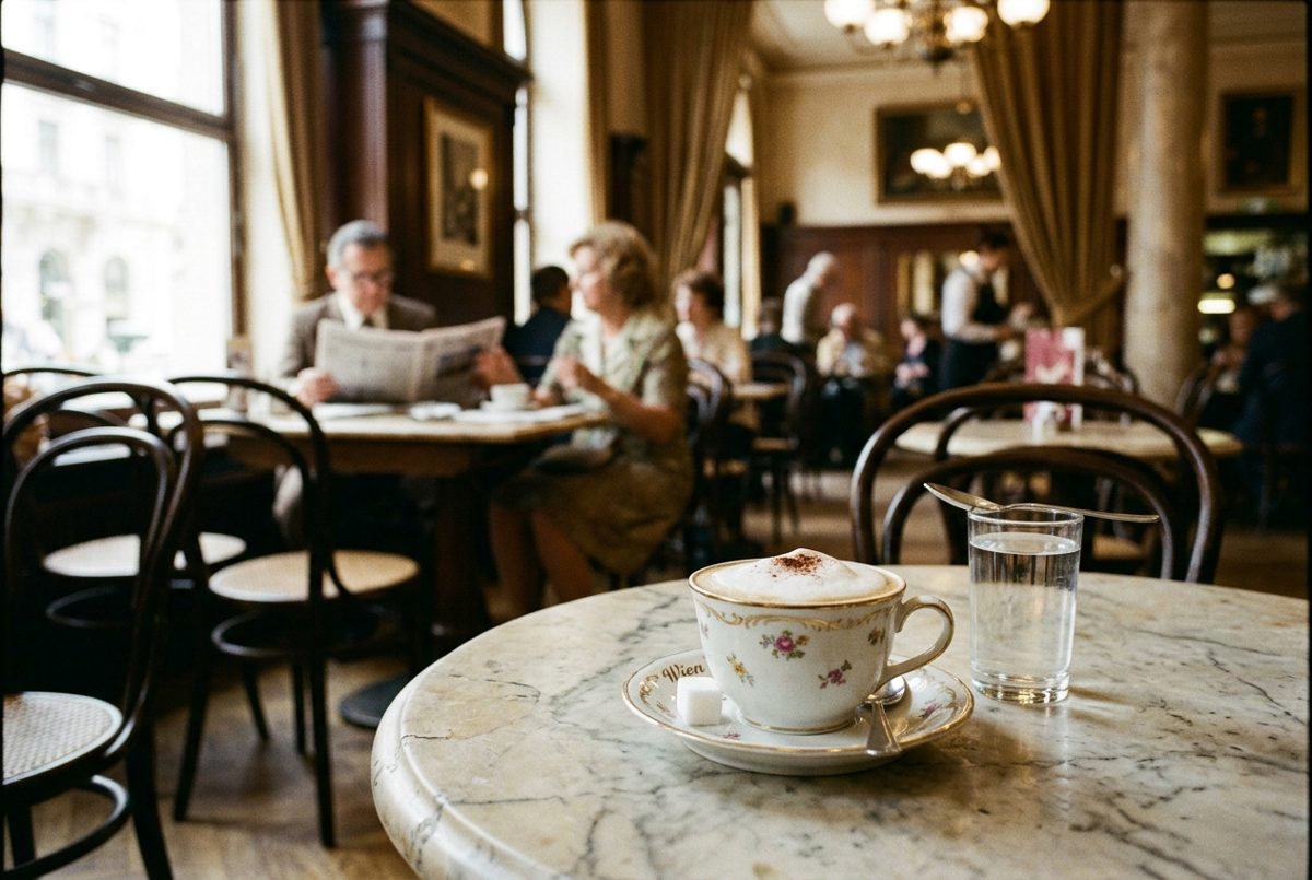 Bildstil Analogfilm: Tasse Melange im Wiener Kaffeehaus, mit KI erzeugt