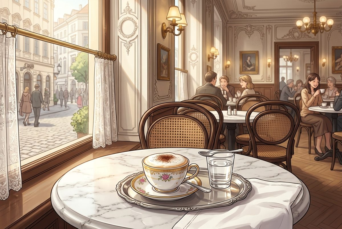 Bildstil Anime: Tasse Melange im Wiener Kaffeehaus, mit KI erzeugt