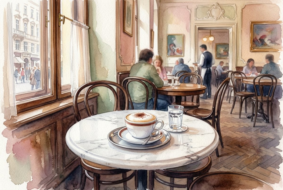 Bildstil Aquarell: Tasse Melange im Wiener Kaffeehaus, mit KI erzeugt