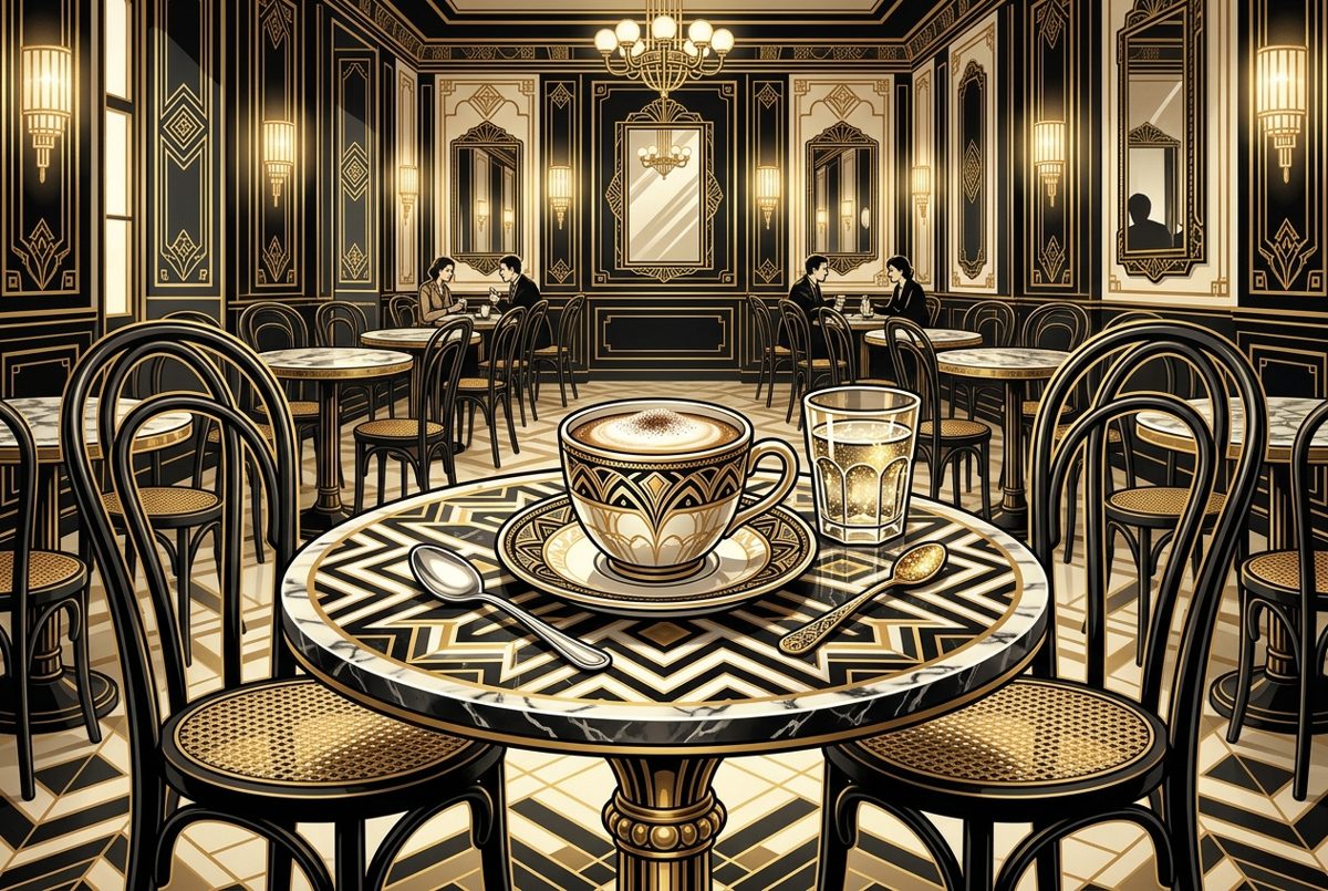 Bildstil Art déco: Tasse Melange im Wiener Kaffeehaus, mit KI erzeugt