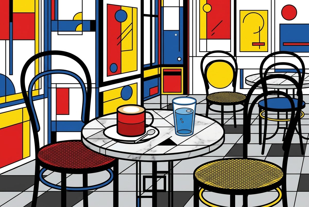 Bildstil Bauhaus: Tasse Melange im Wiener Kaffeehaus, mit KI erzeugt