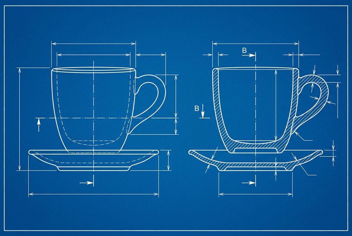 Bildstil Technische Zeichnung / Blaupause: Tasse Melange im Wiener Kaffeehaus, mit KI erzeugt