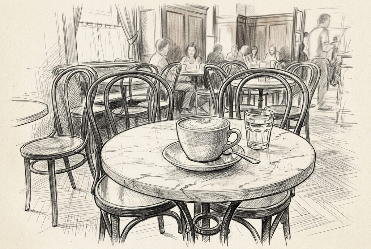 Bildstil Bleistiftskizze: Tasse Melange im Wiener Kaffeehaus, mit KI erzeugt