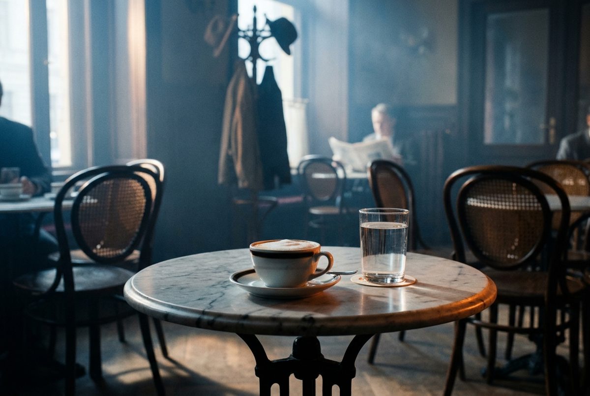 Bildstil Cinematic / Filmstill: Tasse Melange im Wiener Kaffeehaus, mit KI erzeugt