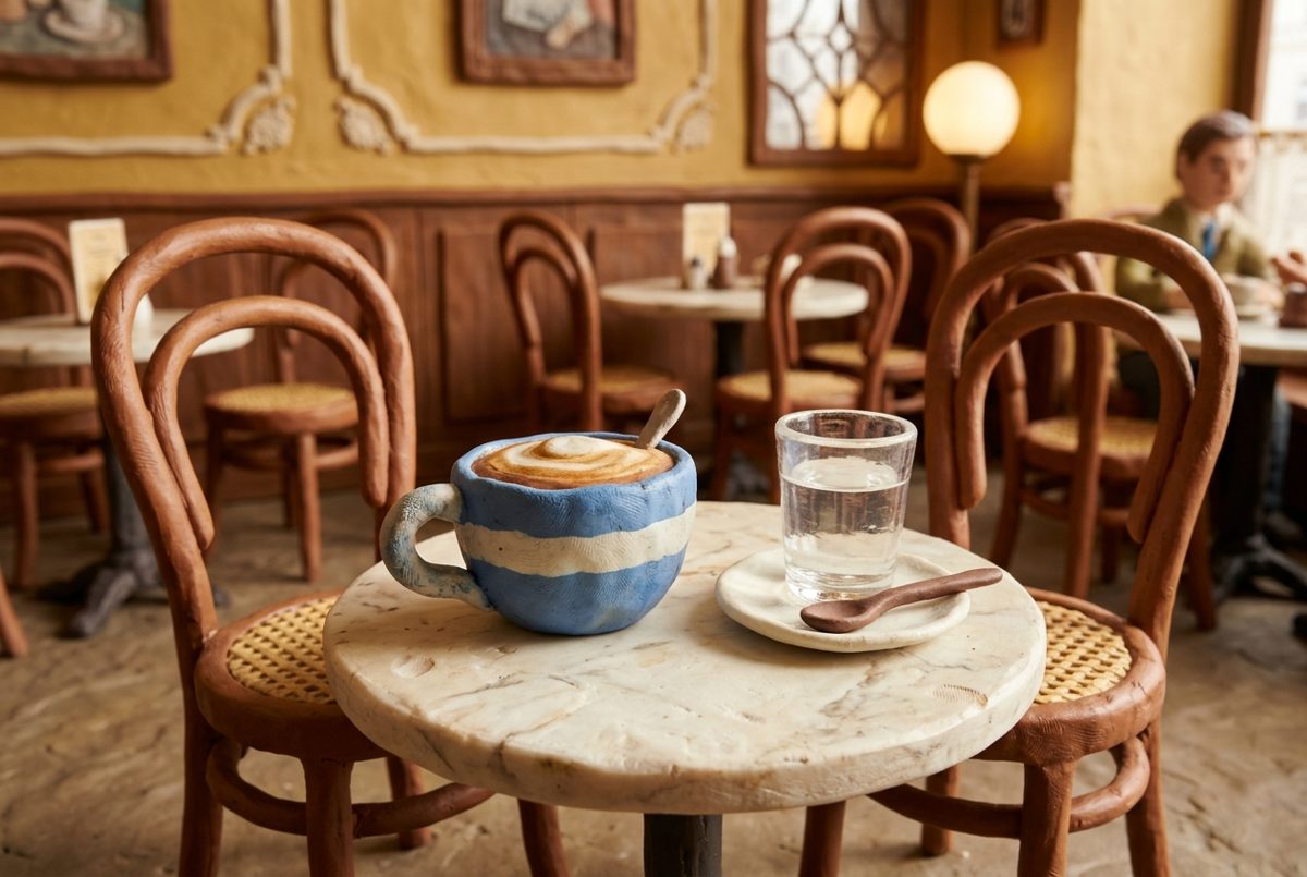 Bildstil Knetfigur (Claymation): Tasse Melange im Wiener Kaffeehaus, mit KI erzeugt