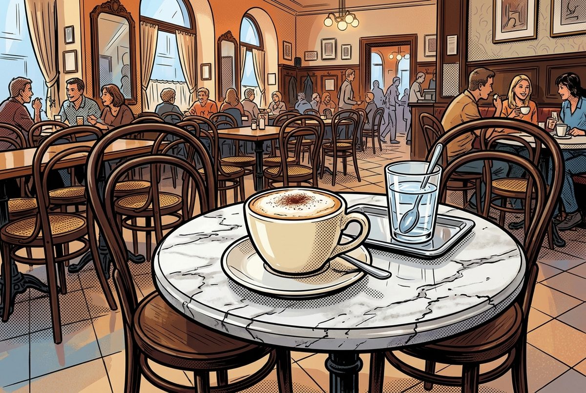 Bildstil Comic: Tasse Melange im Wiener Kaffeehaus, mit KI erzeugt