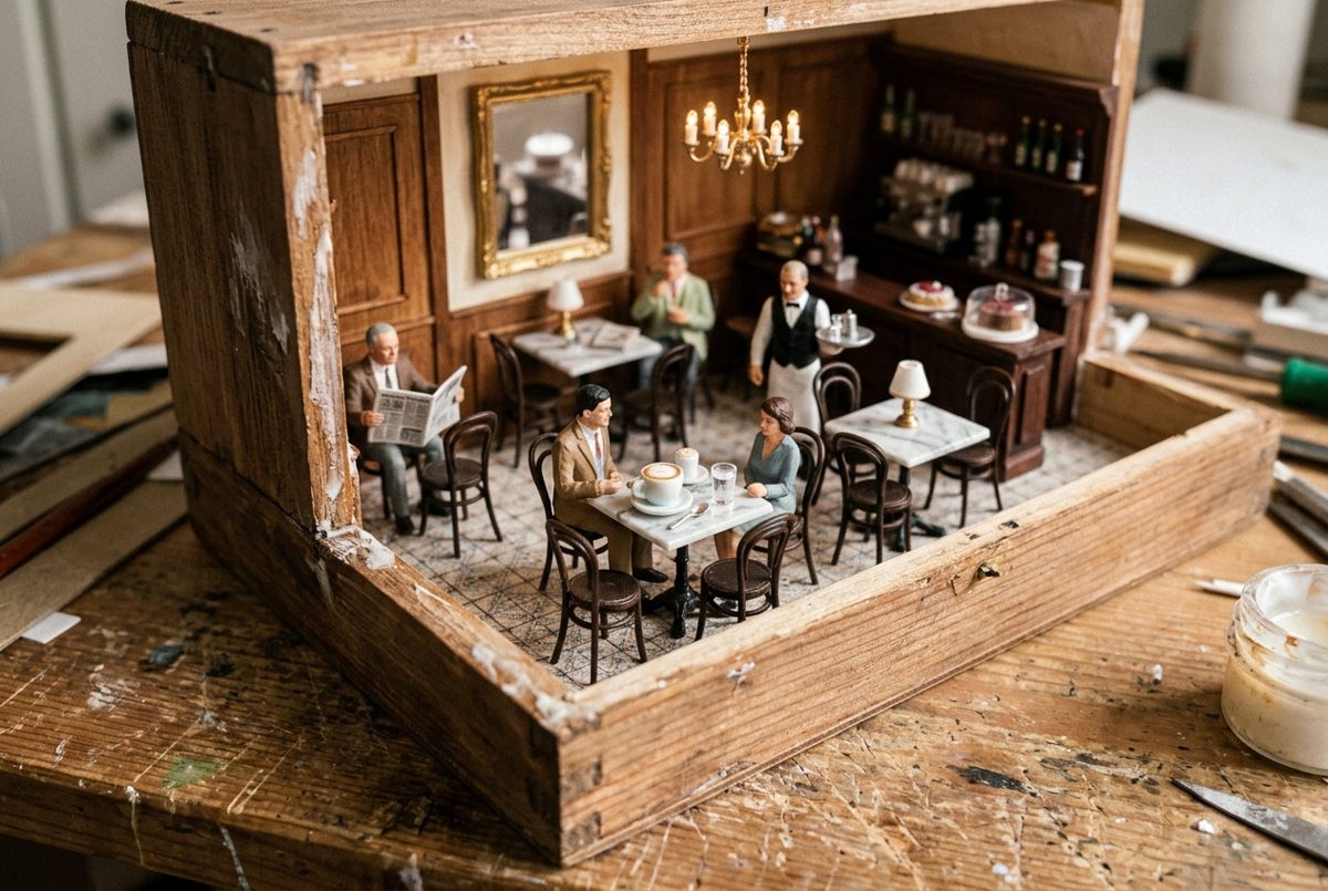 Bildstil Miniatur-Diorama: Tasse Melange im Wiener Kaffeehaus, mit KI erzeugt