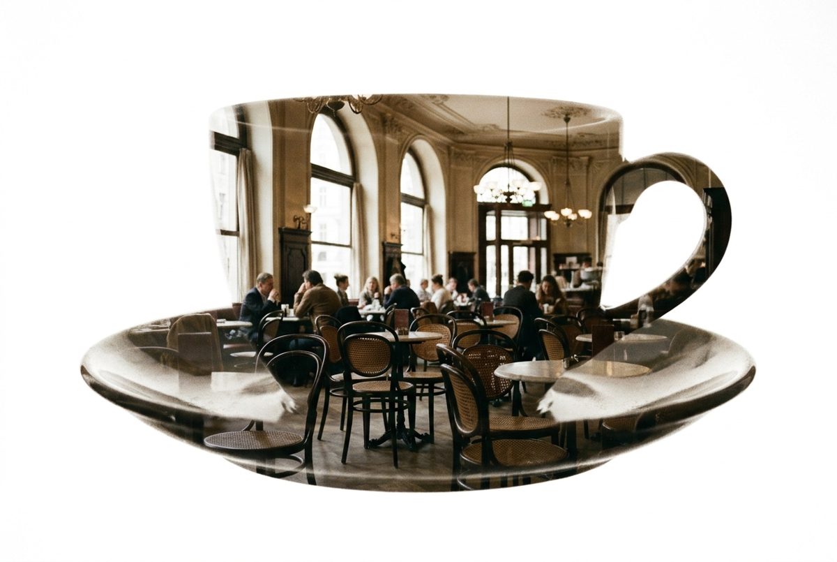 Bildstil Doppelbelichtung: Tasse Melange im Wiener Kaffeehaus, mit KI erzeugt