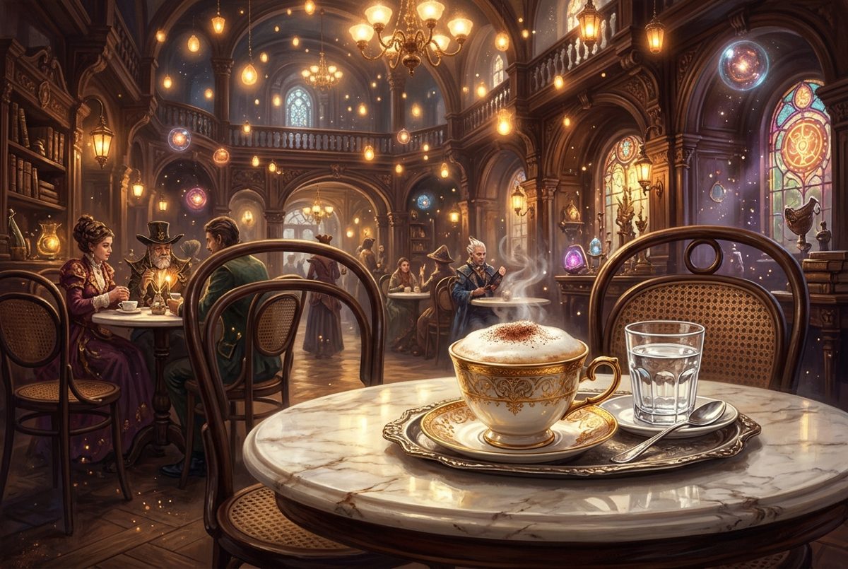 Bildstil Fantasy-Concept-Art: Tasse Melange im Wiener Kaffeehaus, mit KI erzeugt
