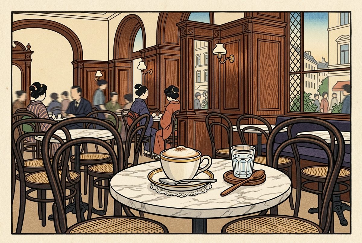 Bildstil Japanischer Farbholzschnitt: Tasse Melange im Wiener Kaffeehaus, mit KI erzeugt