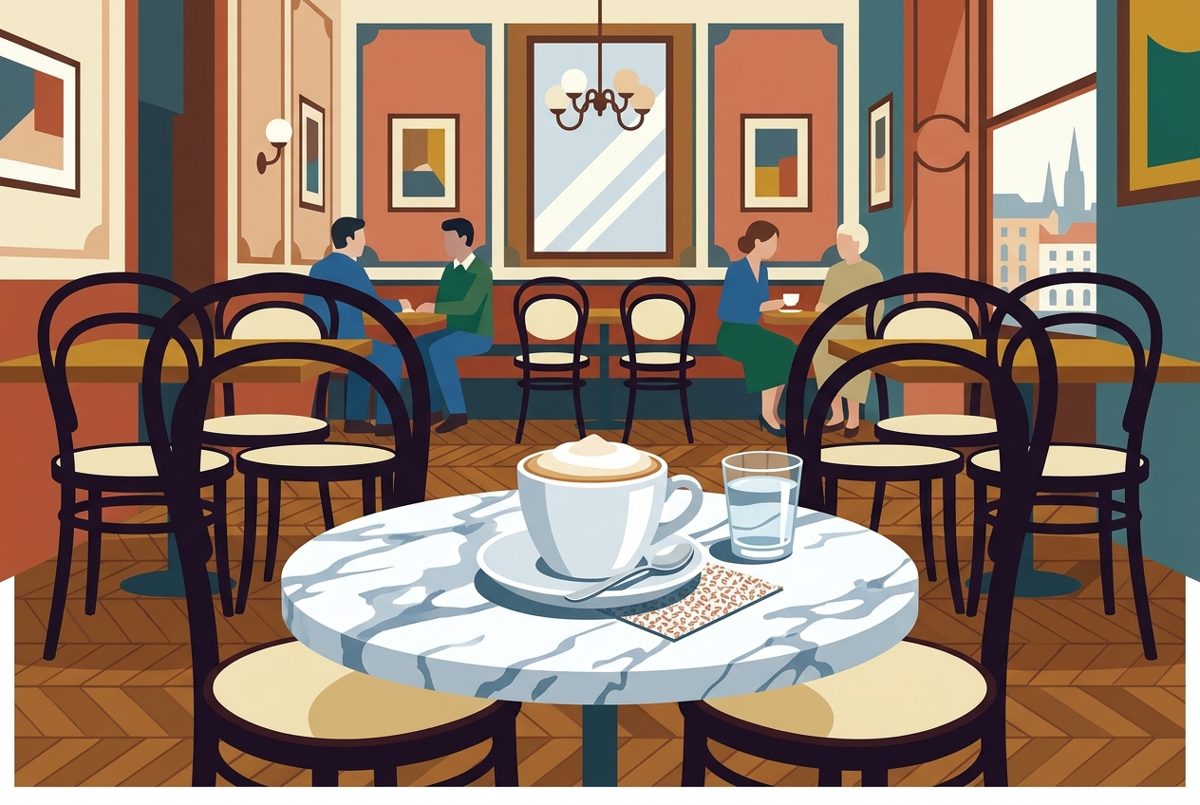 Bildstil Flat Design: Tasse Melange im Wiener Kaffeehaus, mit KI erzeugt
