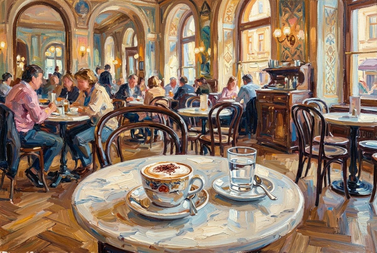 Bildstil Impressionismus: Tasse Melange im Wiener Kaffeehaus, mit KI erzeugt