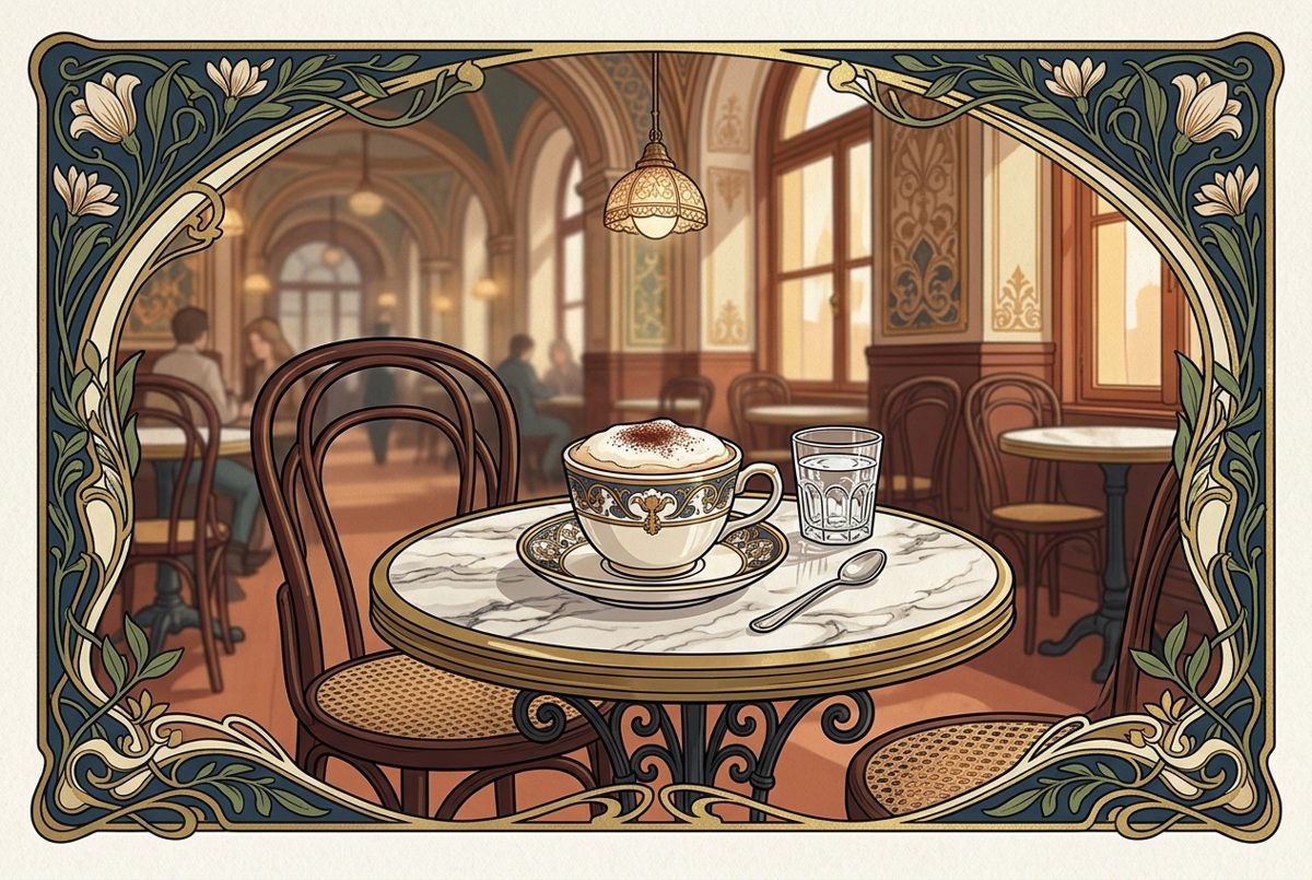 Bildstil Jugendstil: Tasse Melange im Wiener Kaffeehaus, mit KI erzeugt