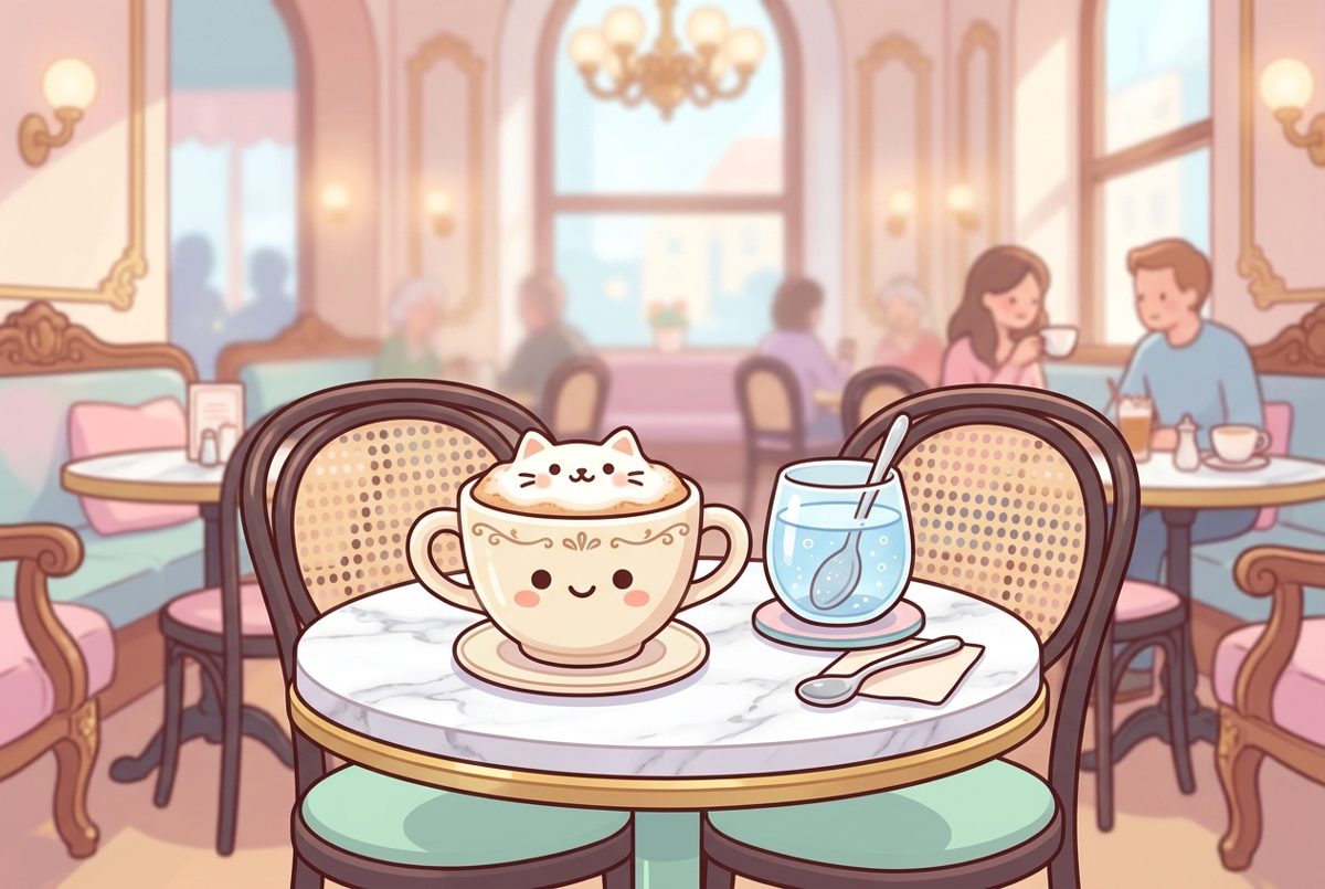 Bildstil Kawaii: Tasse Melange im Wiener Kaffeehaus, mit KI erzeugt