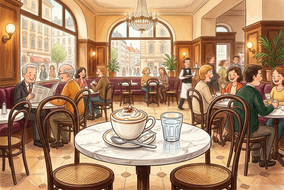 Bildstil Kinderbuch: Tasse Melange im Wiener Kaffeehaus, mit KI erzeugt