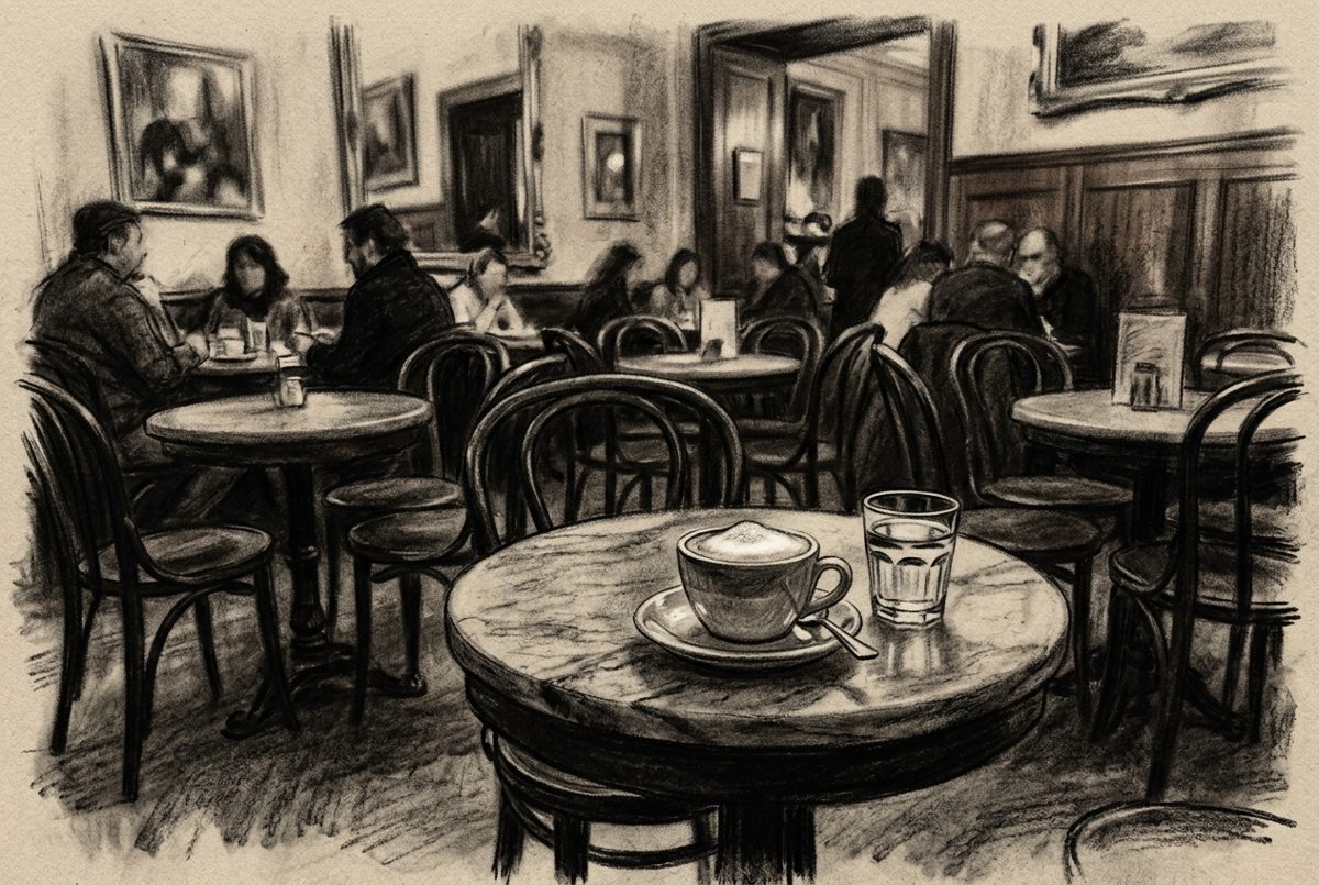 Bildstil Kohlezeichnung: Tasse Melange im Wiener Kaffeehaus, mit KI erzeugt