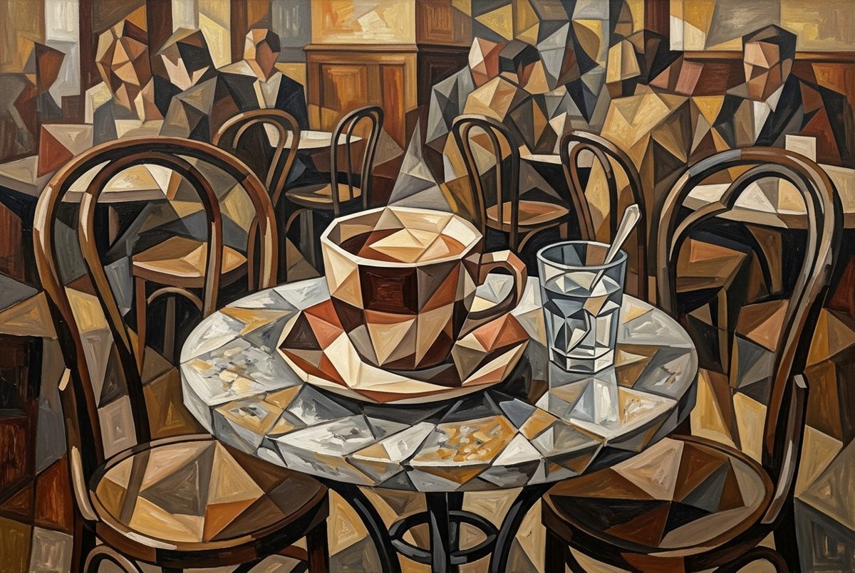 Bildstil Kubismus: Tasse Melange im Wiener Kaffeehaus, mit KI erzeugt
