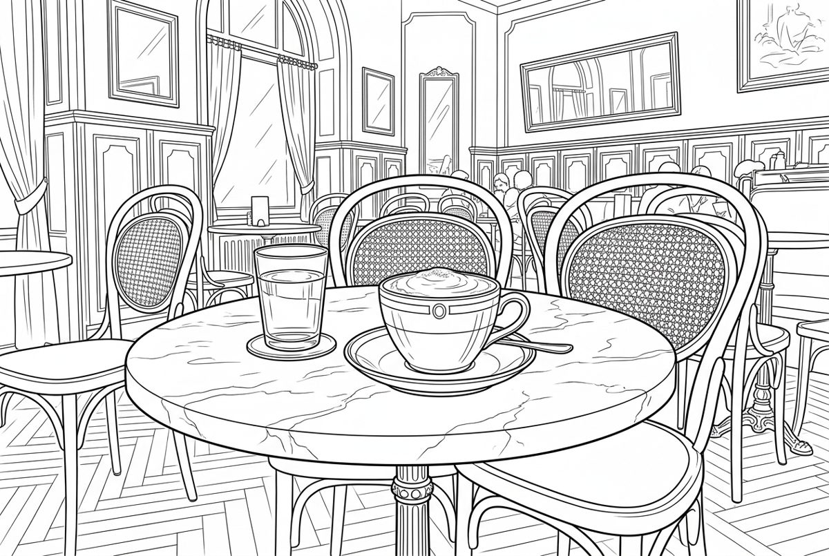 Bildstil Line Art: Tasse Melange im Wiener Kaffeehaus, mit KI erzeugt