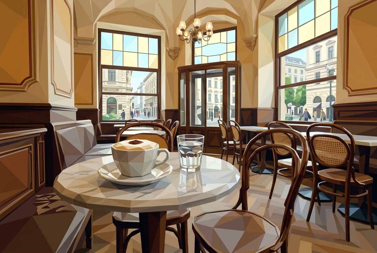 Bildstil Low Poly: Tasse Melange im Wiener Kaffeehaus, mit KI erzeugt