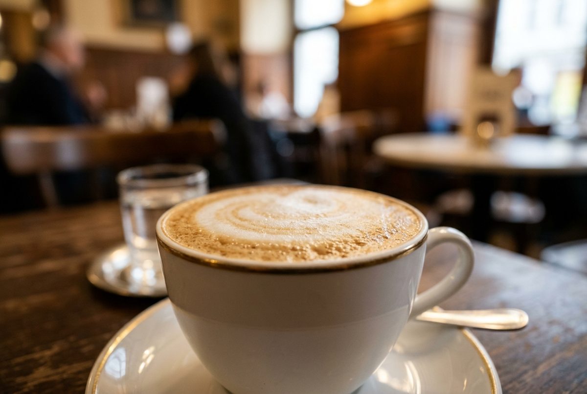 Bildstil Makro: Tasse Melange im Wiener Kaffeehaus, mit KI erzeugt