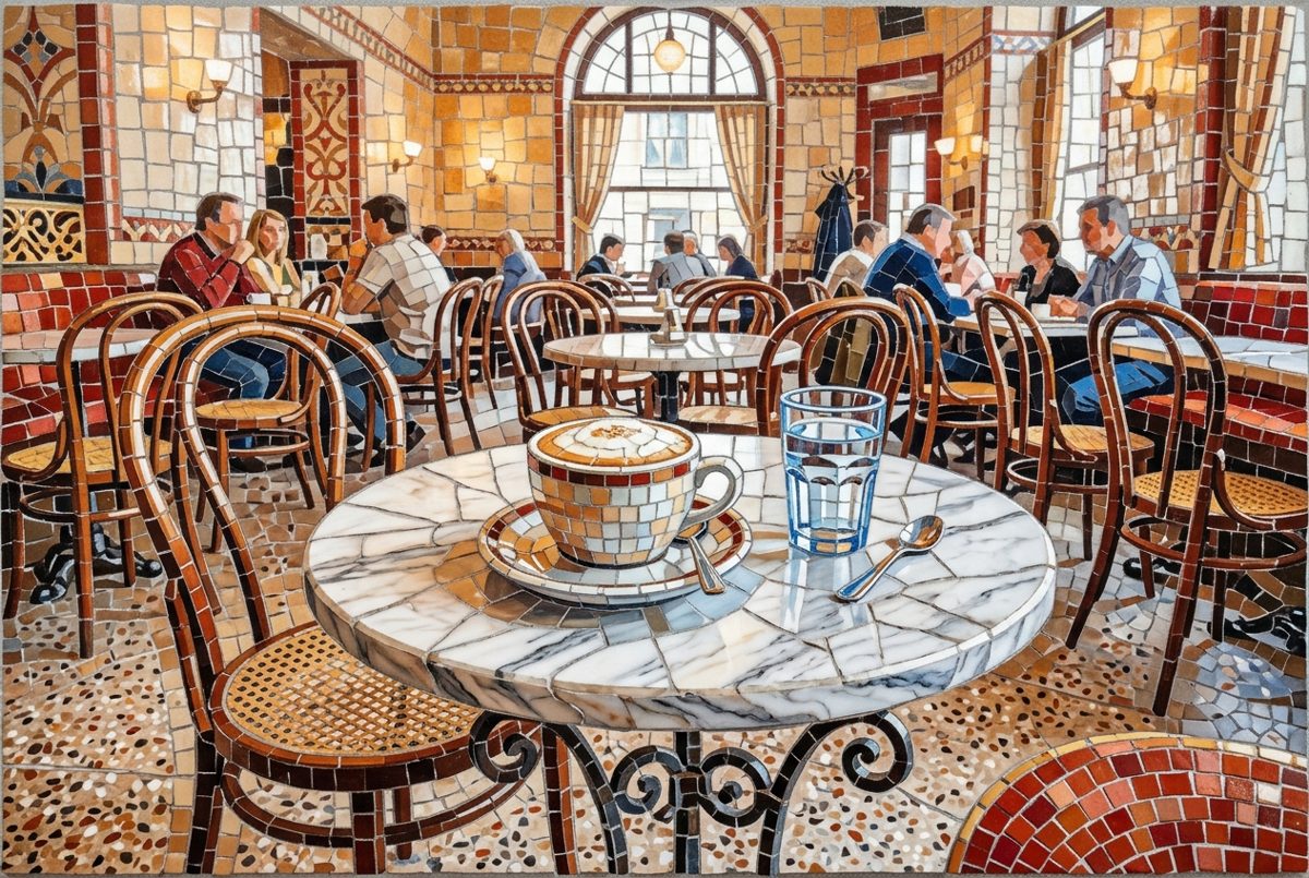 Bildstil Mosaik: Tasse Melange im Wiener Kaffeehaus, mit KI erzeugt