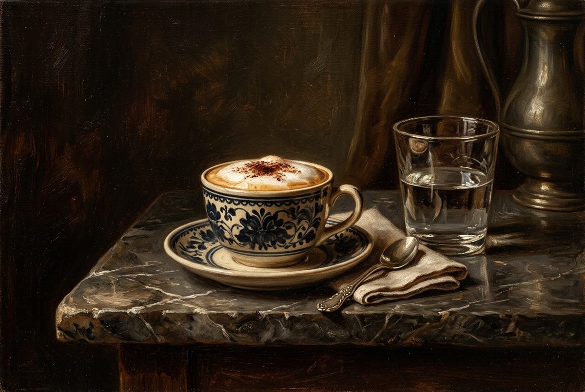 Bildstil Klassisches Ölgemälde: Tasse Melange im Wiener Kaffeehaus, mit KI erzeugt