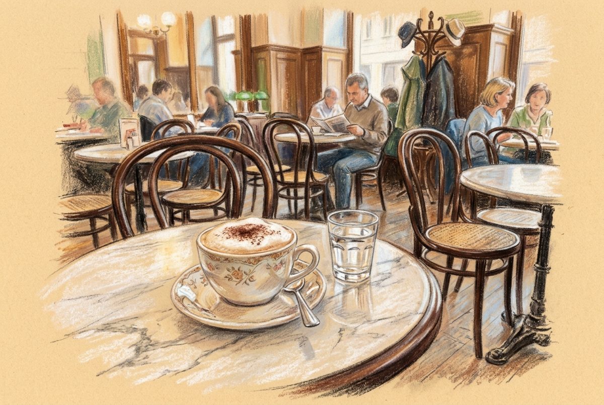 Bildstil Pastellkreide: Tasse Melange im Wiener Kaffeehaus, mit KI erzeugt