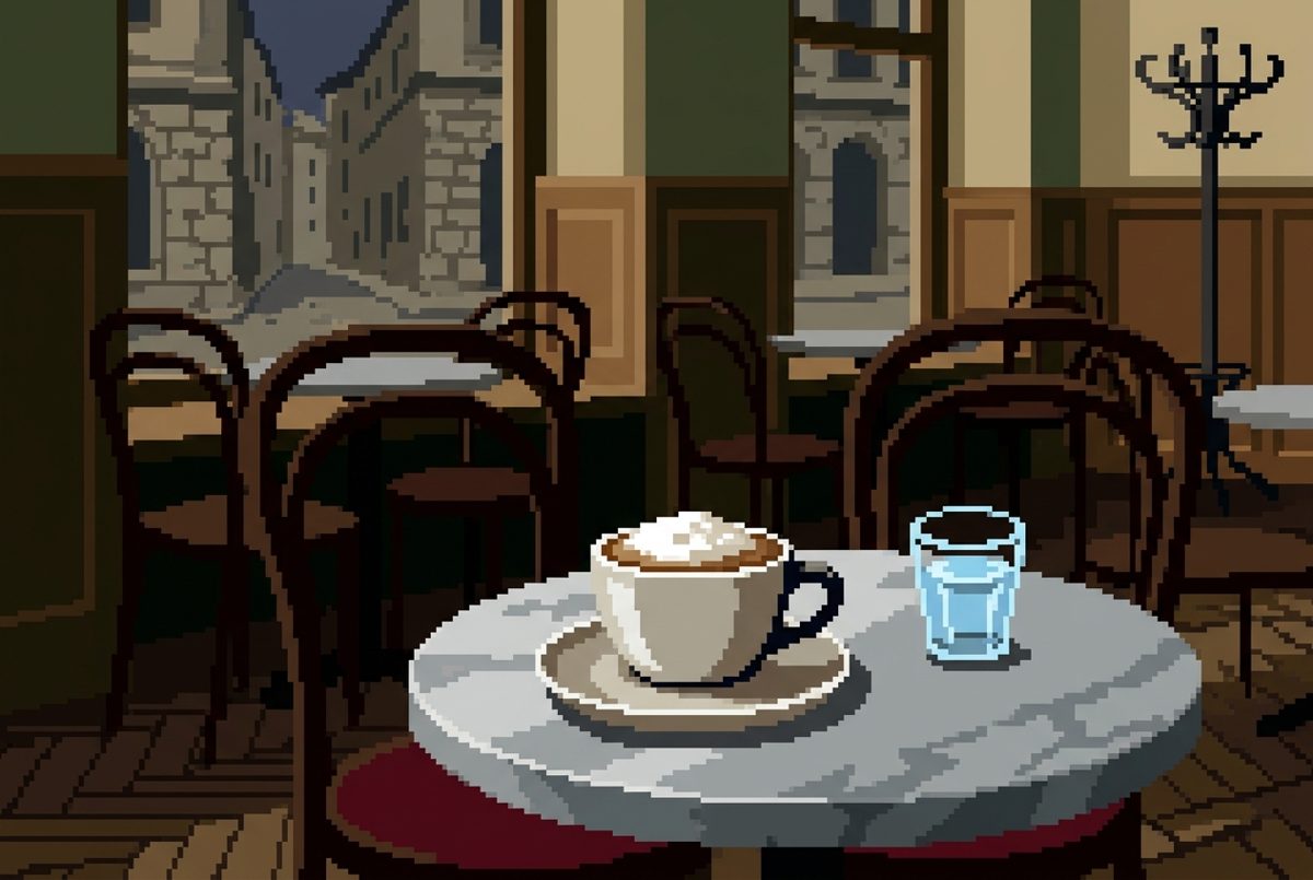 Bildstil Pixel Art: Tasse Melange im Wiener Kaffeehaus, mit KI erzeugt