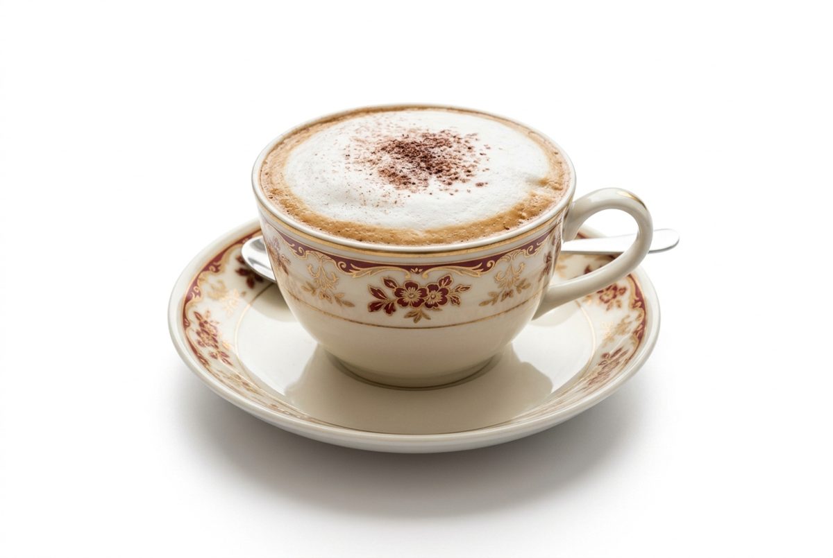 Bildstil Produktfoto auf Weiß: Tasse Melange im Wiener Kaffeehaus, mit KI erzeugt