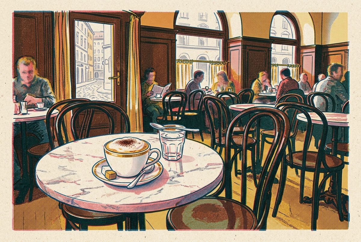 Bildstil Risographie: Tasse Melange im Wiener Kaffeehaus, mit KI erzeugt