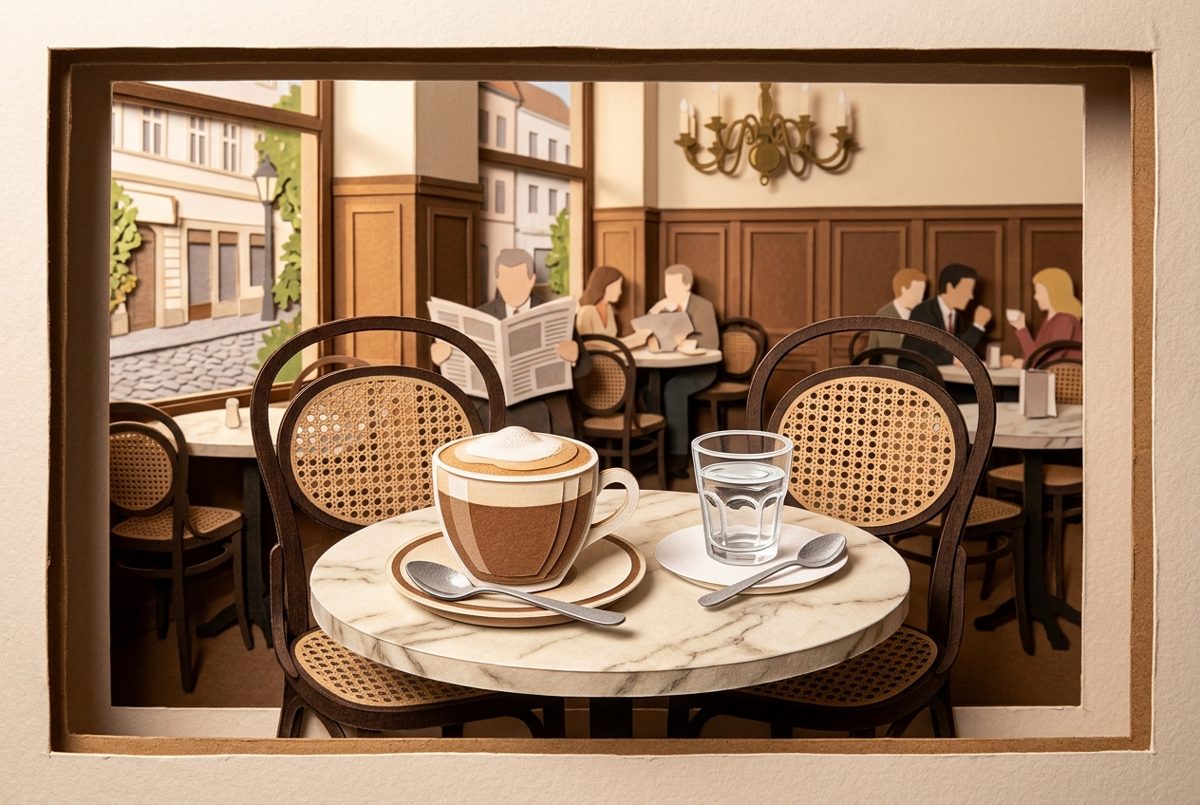 Bildstil Papierschnitt (Paper Cut): Tasse Melange im Wiener Kaffeehaus, mit KI erzeugt