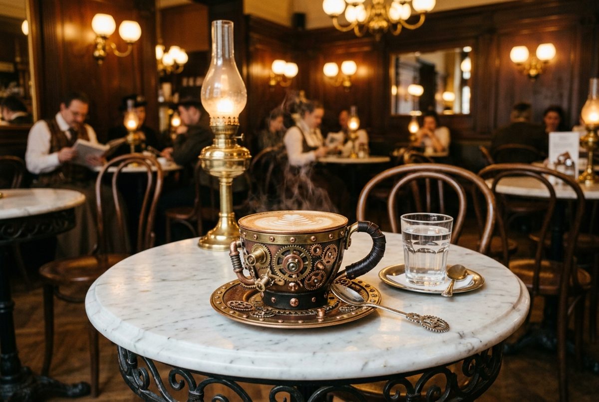 Bildstil Steampunk: Tasse Melange im Wiener Kaffeehaus, mit KI erzeugt