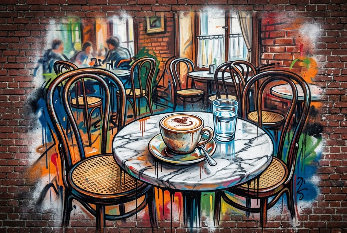 Bildstil Street Art / Graffiti: Tasse Melange im Wiener Kaffeehaus, mit KI erzeugt