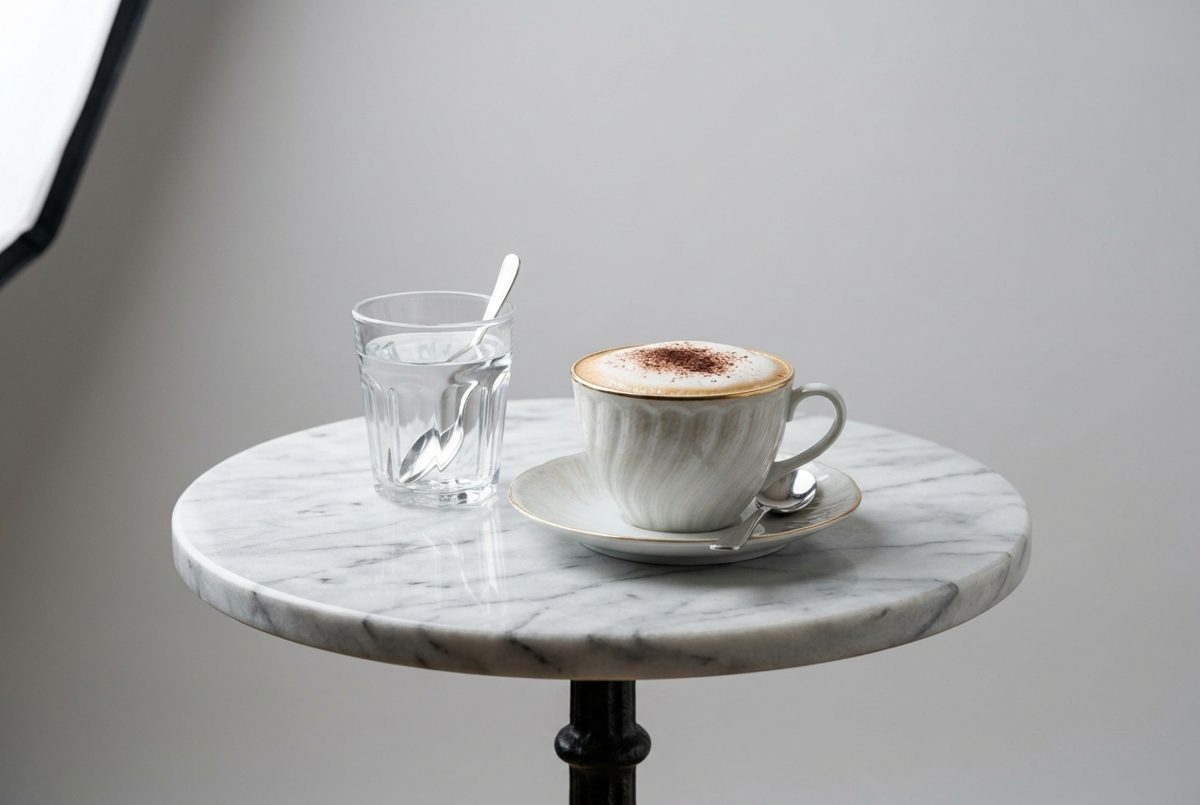 Bildstil Studiofoto: Tasse Melange im Wiener Kaffeehaus, mit KI erzeugt