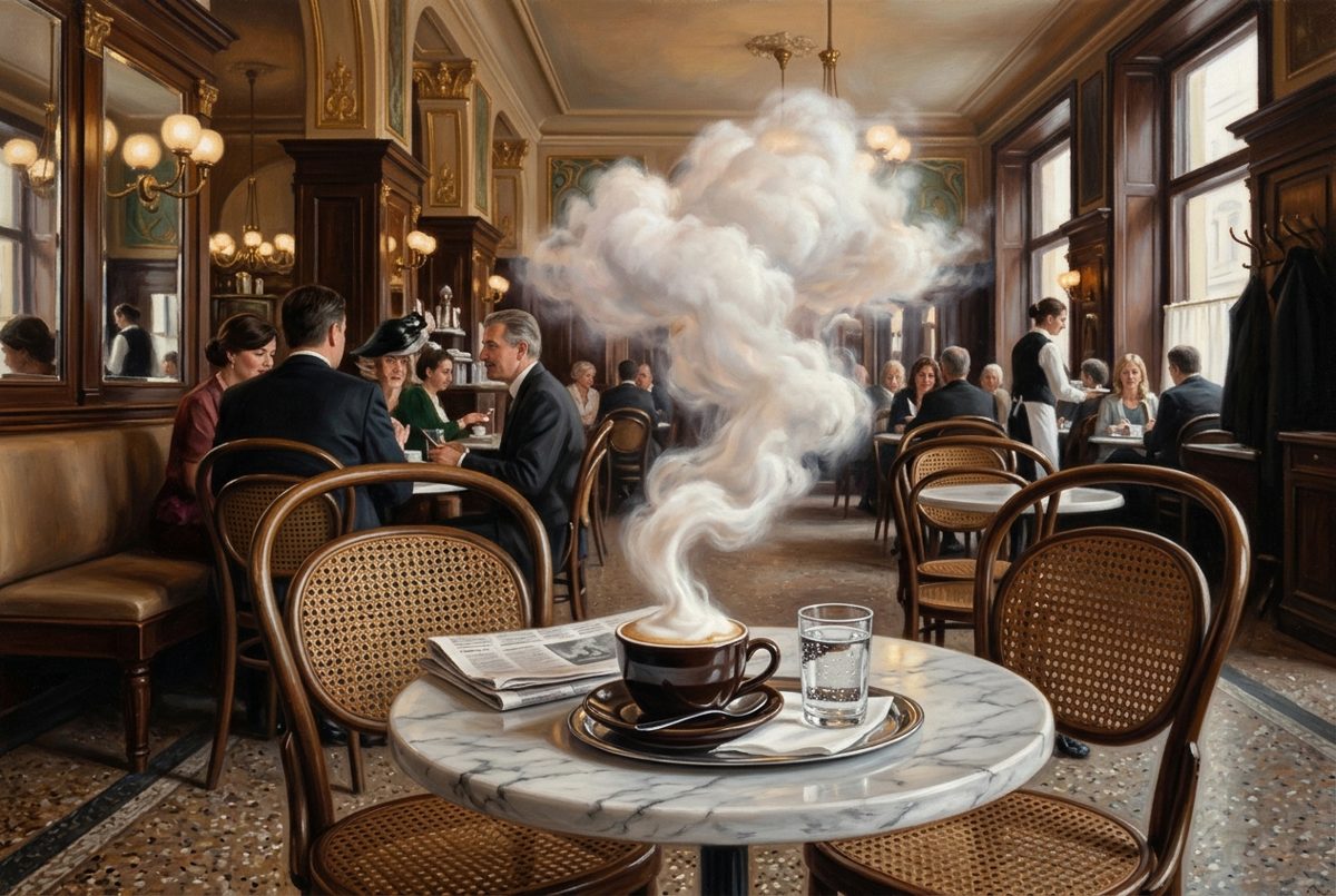 Bildstil Surrealismus: Tasse Melange im Wiener Kaffeehaus, mit KI erzeugt