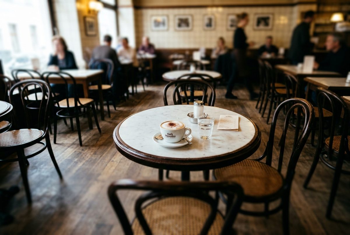 Bildstil Tilt-Shift: Tasse Melange im Wiener Kaffeehaus, mit KI erzeugt