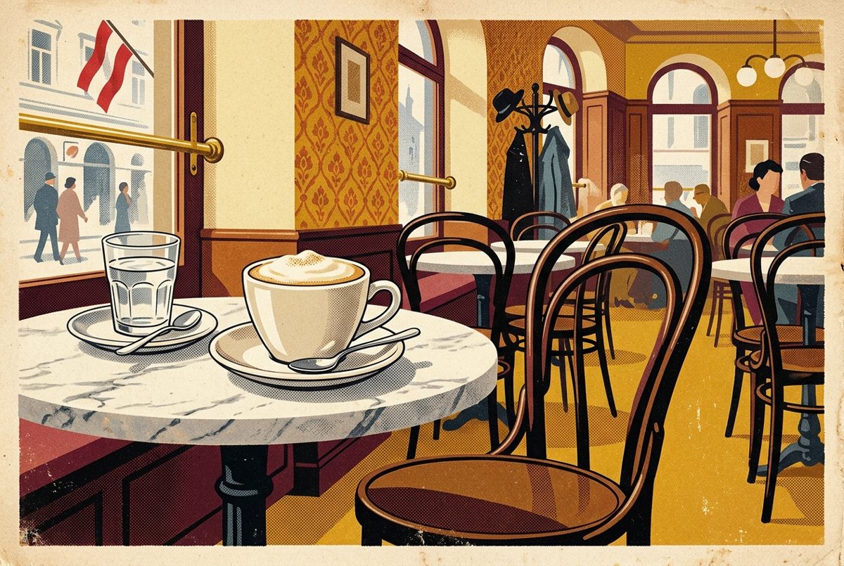 Bildstil Vintage-Plakat: Tasse Melange im Wiener Kaffeehaus, mit KI erzeugt