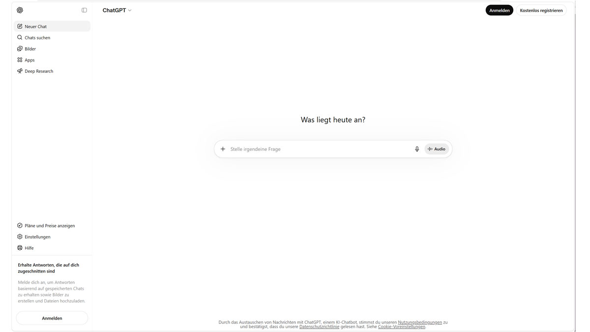 Startseite von ChatGPT mit Eingabefeld und Übersicht der Kernfunktionen