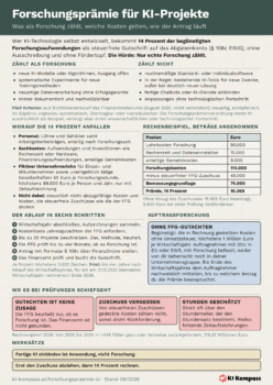 Cheat-Sheet zur Forschungsprämie für KI-Projekte: Abgrenzung Forschung gegen Anwendung, begünstigte Kosten, Rechenbeispiel, Ablauf in sechs Schritten, Auftragsforschung und Prüfungsrisiken.