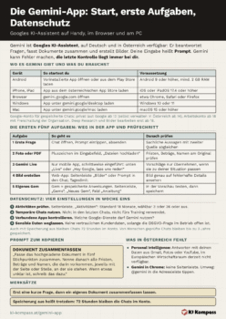 Cheat-Sheet zur Gemini-App mit Tabelle der fünf Plattformen, den ersten fünf Aufgaben samt Prüfschritt, vier Datenschutz-Einstellungen und einem Prompt zum Zusammenfassen von Dokumenten.
